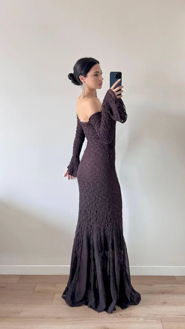 Kahverengi Straplez Yaka Maxi Dantelli Şifonlu Elbise