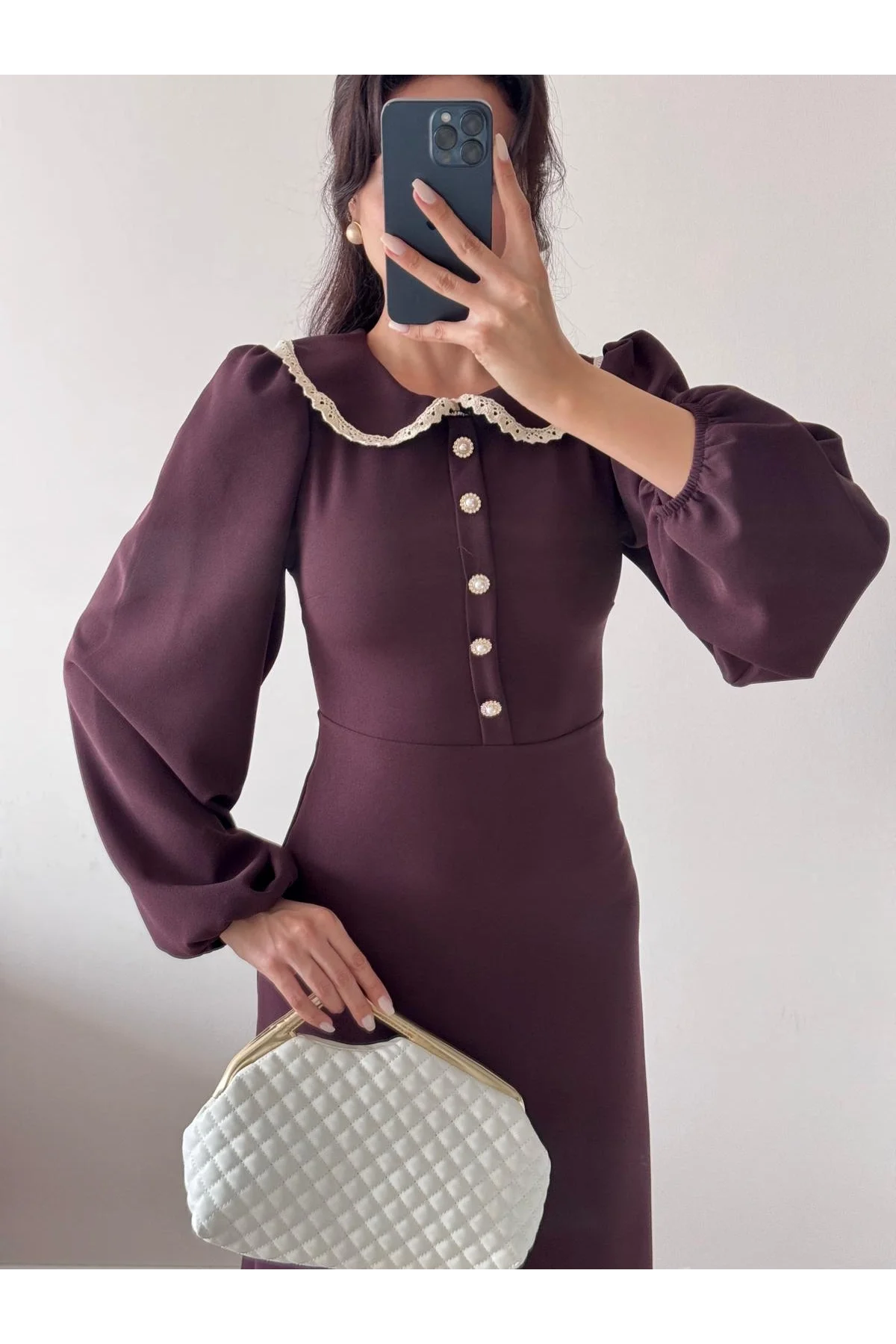 Kahverengi Uzun Kollu Bebe Yaka Midi Elbise