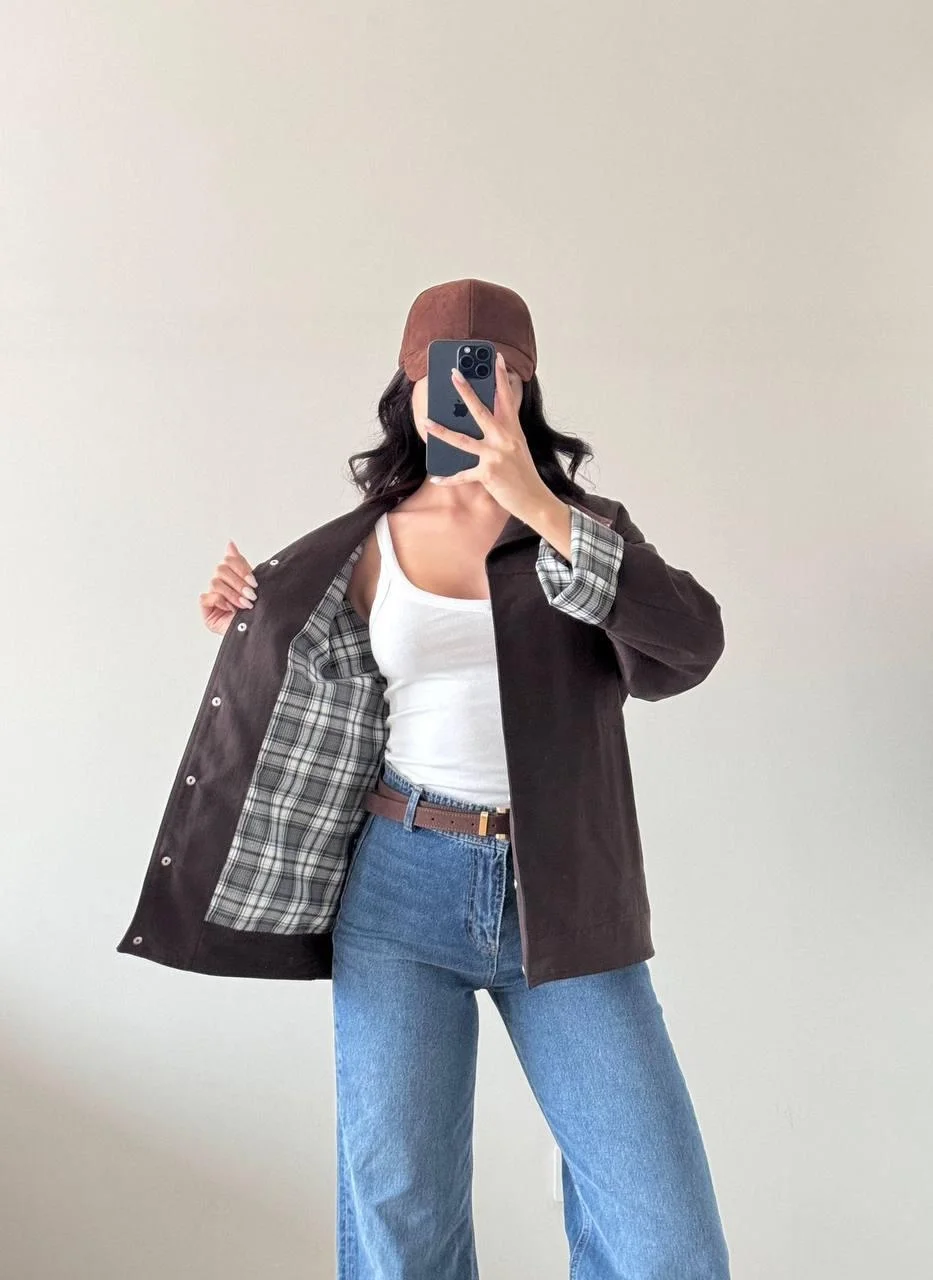 Kahverengi Uzun Kollu Çıt Çıtlı Yakası Derili Ceket