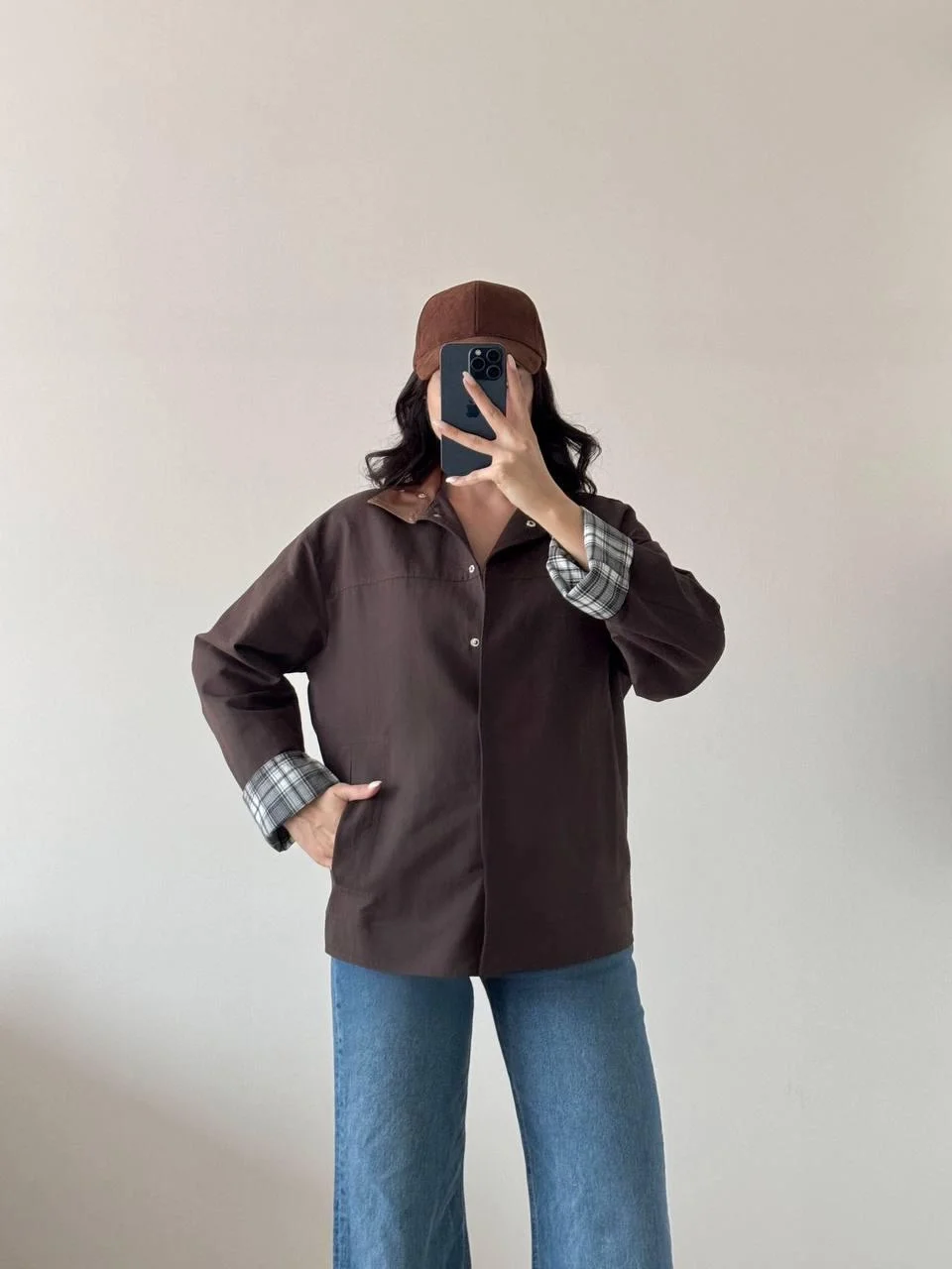 Kahverengi Uzun Kollu Çıt Çıtlı Yakası Derili Ceket