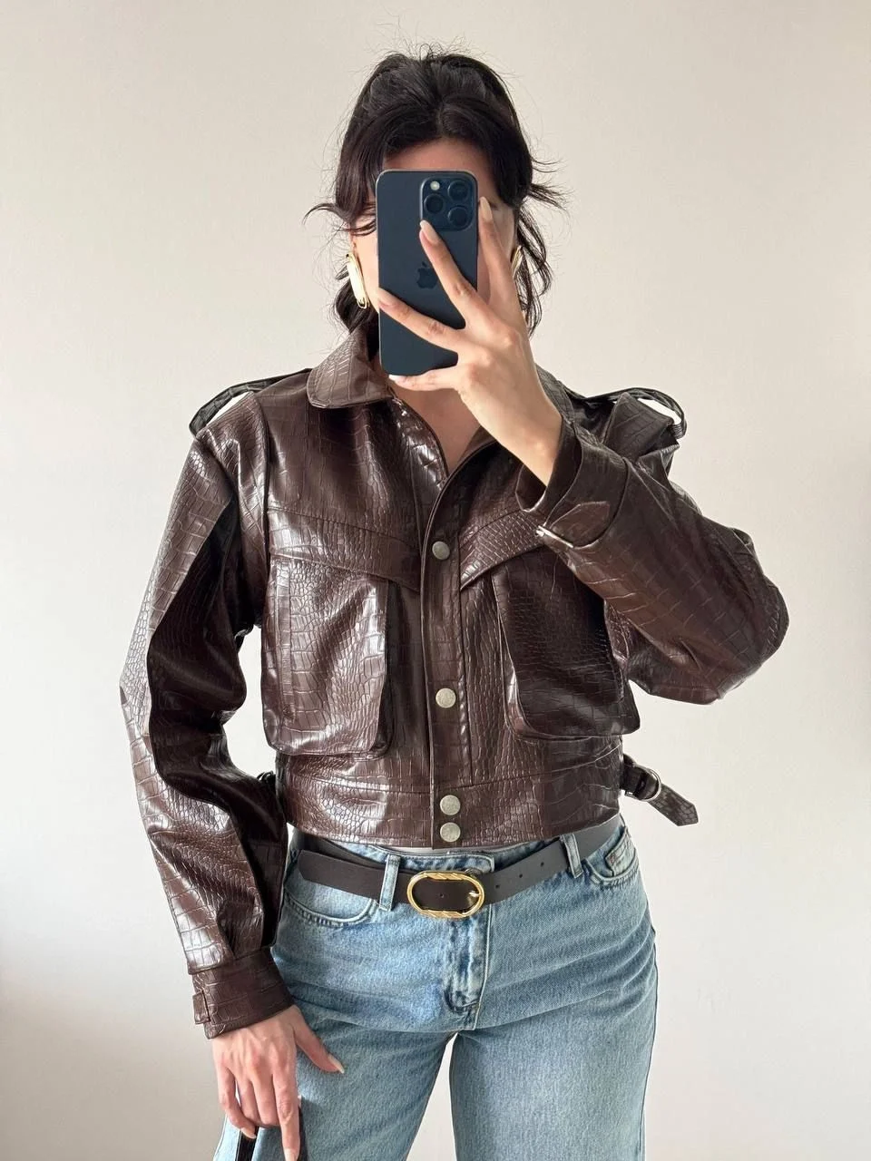 Kahverengi Yılan Desenli Deri Ceket