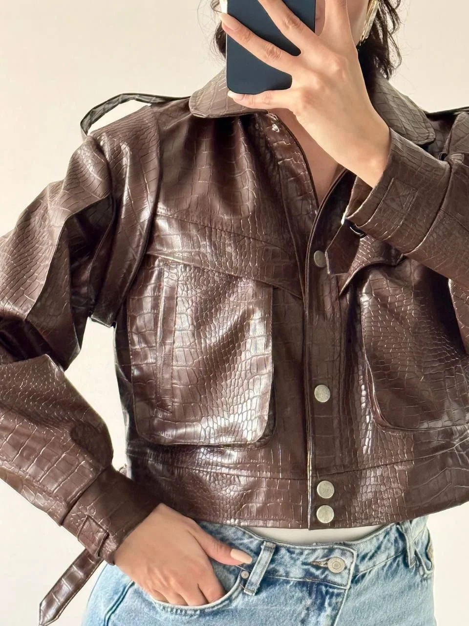 Kahverengi Yılan Desenli Deri Ceket