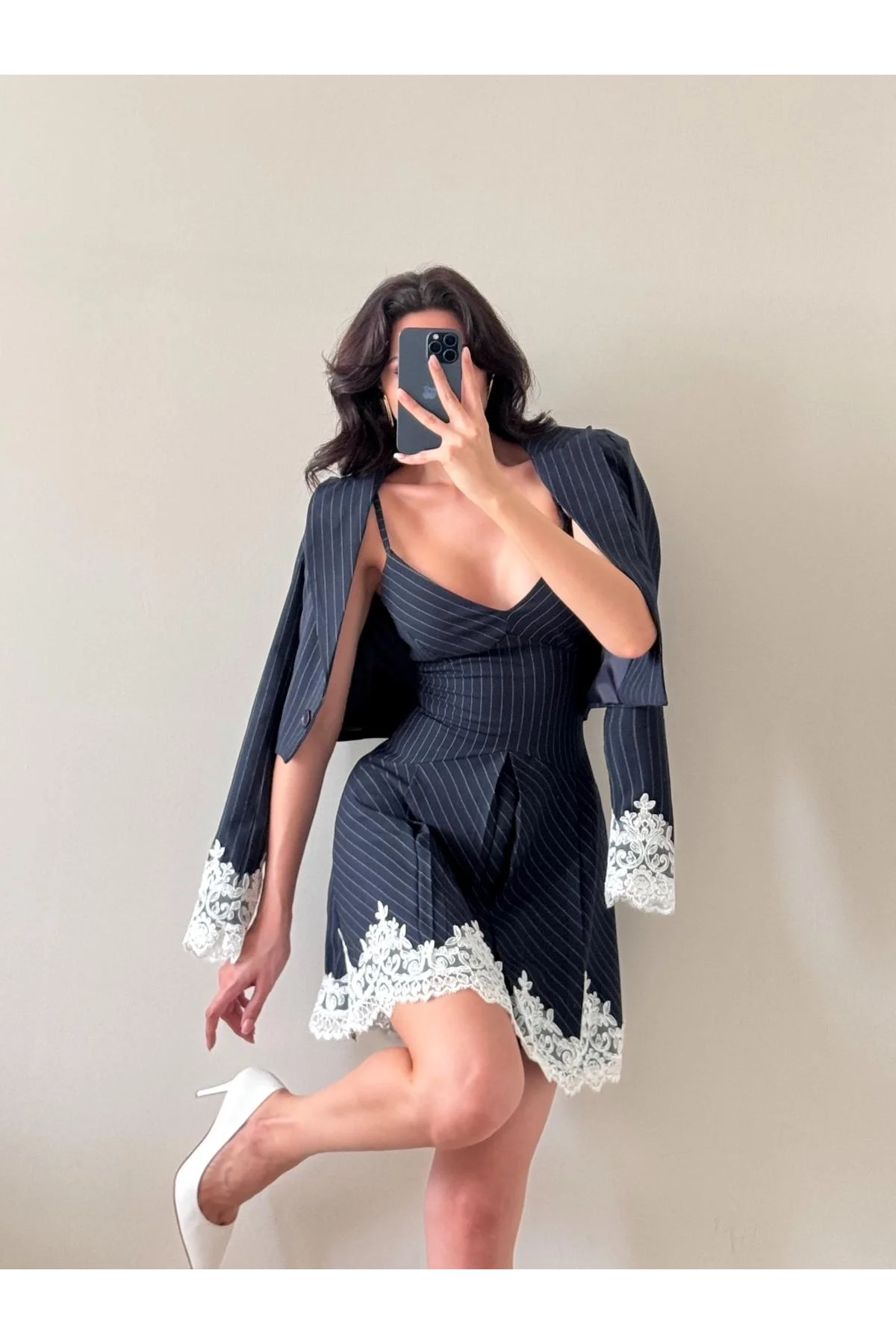 Lacivert Dantel Detaylı Çizgili Blazer Ceket Elbise Takım
