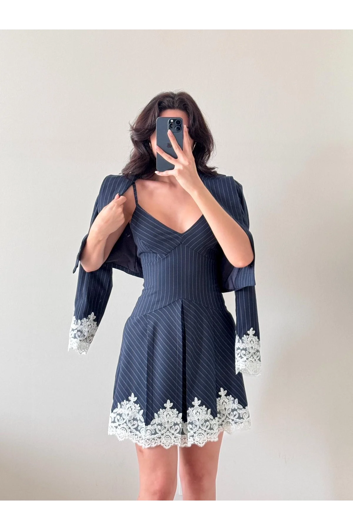 Lacivert Dantel Detaylı Çizgili Blazer Ceket Elbise Takım