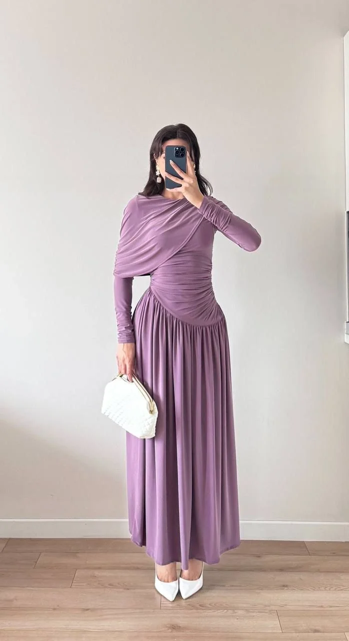 Mor Drapeli Dökümlü Maxi Elbise