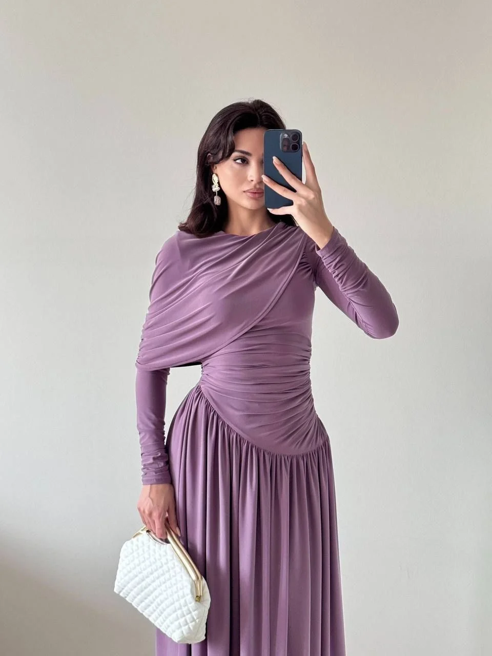 Mor Drapeli Dökümlü Maxi Elbise