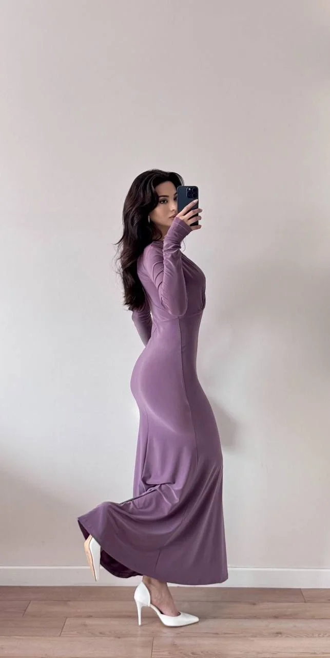 Mor V Yaka Uzun Kollu Büzgülü Maxi Elbise