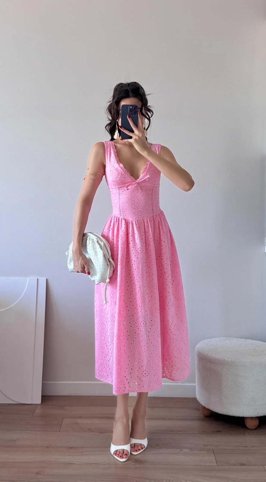 Pembe Brodeli Şerit Dantelli Midi Elbise