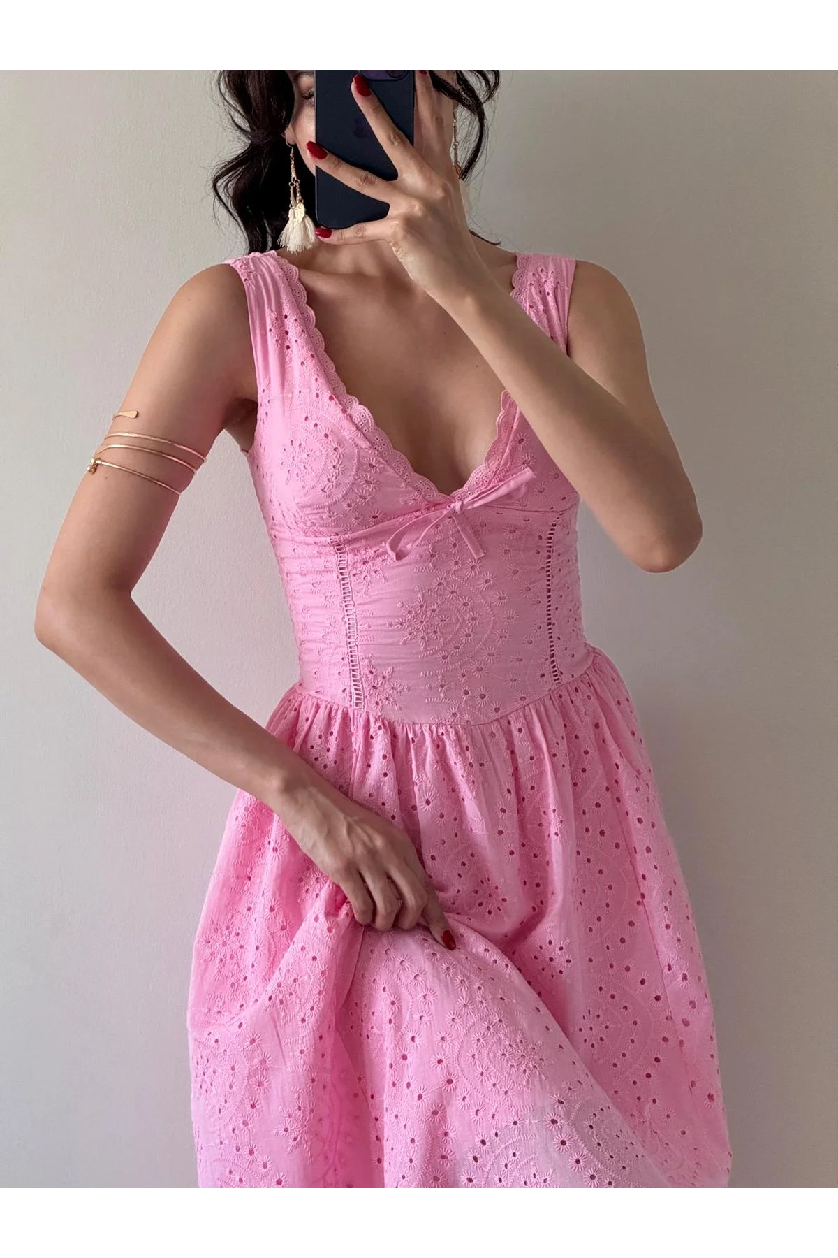 Pembe Brodeli Şerit Dantelli Midi Elbise