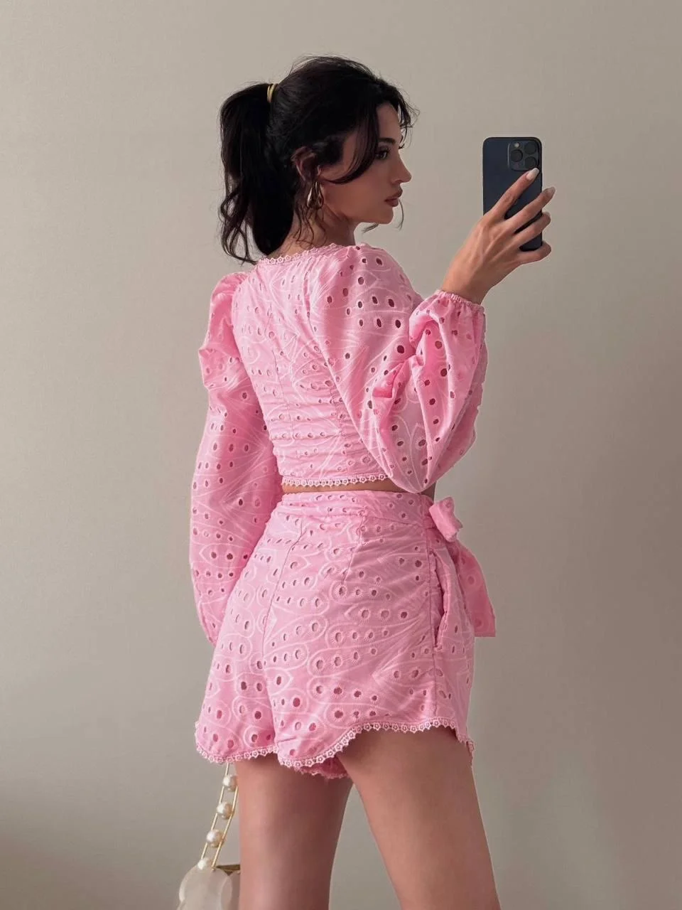 Pembe Brodeli Şortlu İkili Takım