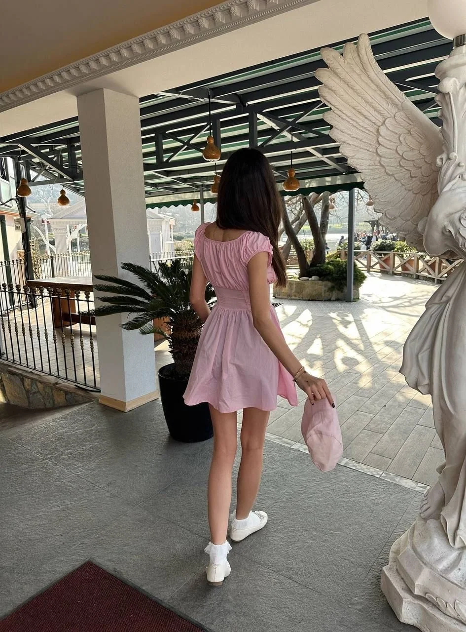 PEMBE GÖĞÜS BÜZGÜLÜ KARPUZ KOL MİNİ ELBİSE