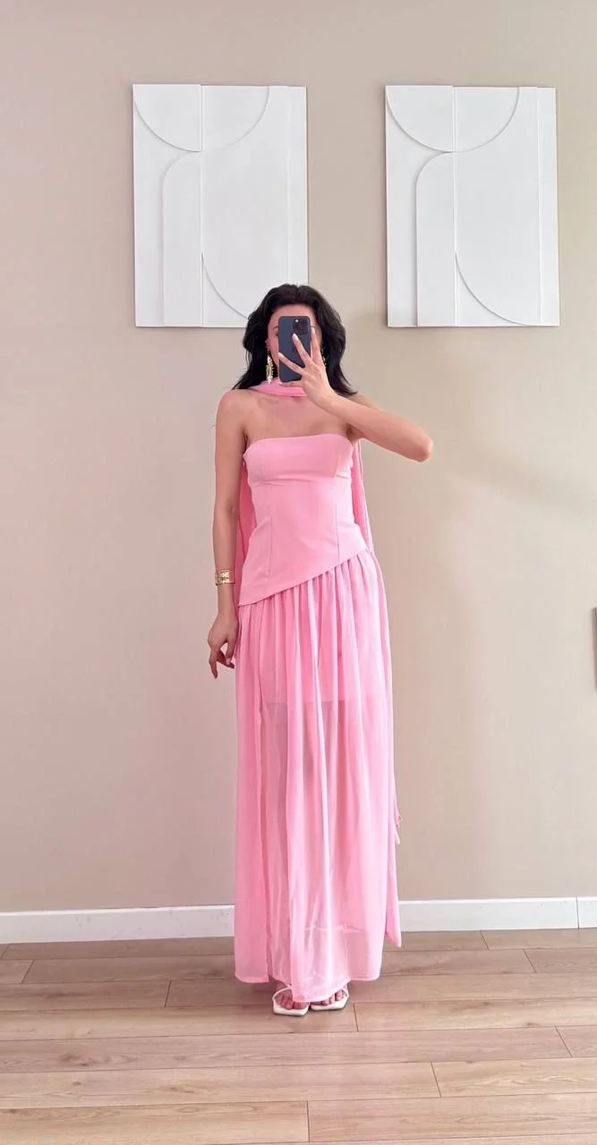 Pembe Şallı Etek Pileli Şifon Midi Yırtmaçlı Elbise