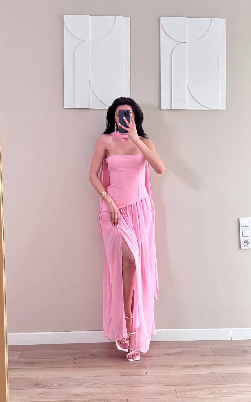 Pembe Şallı Etek Pileli Şifon Midi Yırtmaçlı Elbise