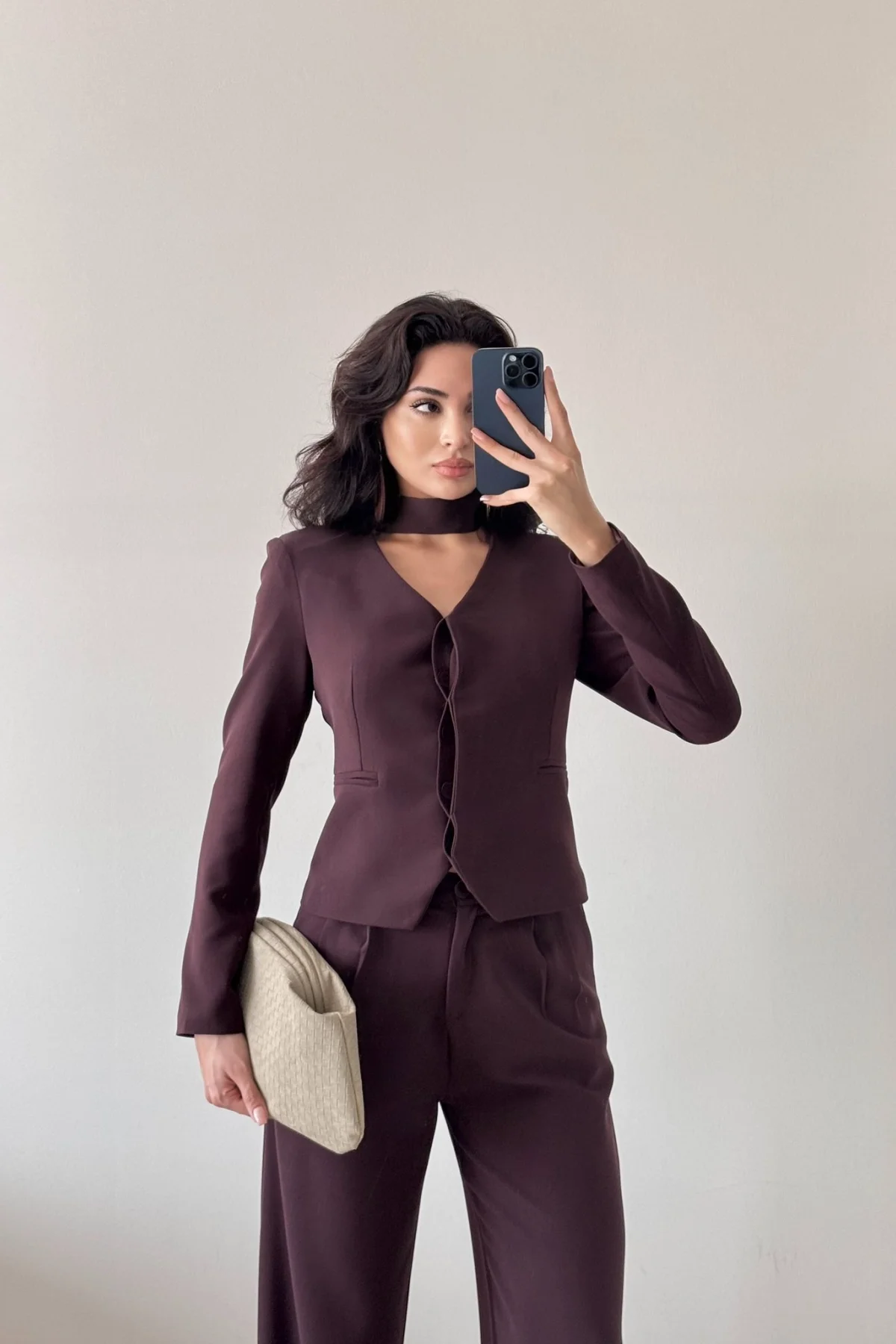 Şallı Kahverengi Pantolon Ceket İkili Takım