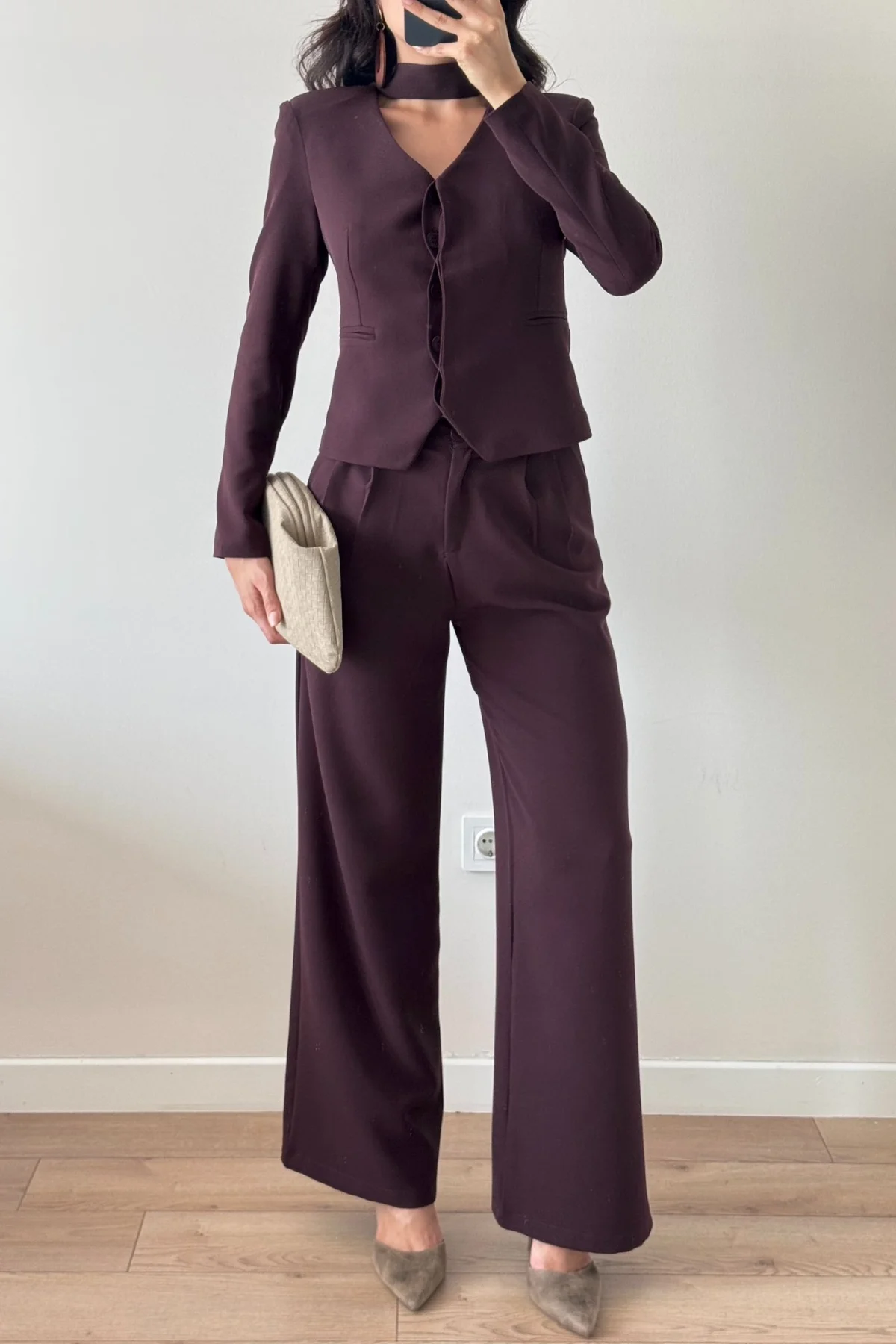 Şallı Kahverengi Pantolon Ceket İkili Takım