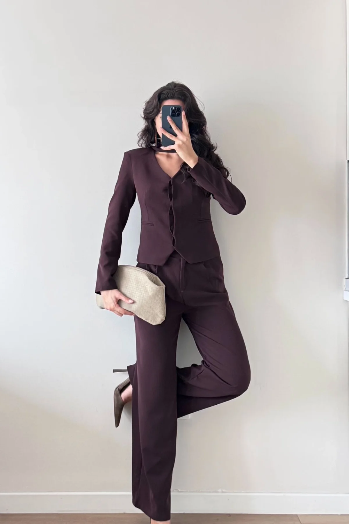 Şallı Kahverengi Pantolon Ceket İkili Takım