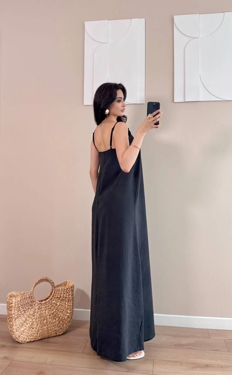 Siyah Askılı Modal Kumaş Maxi Elbise