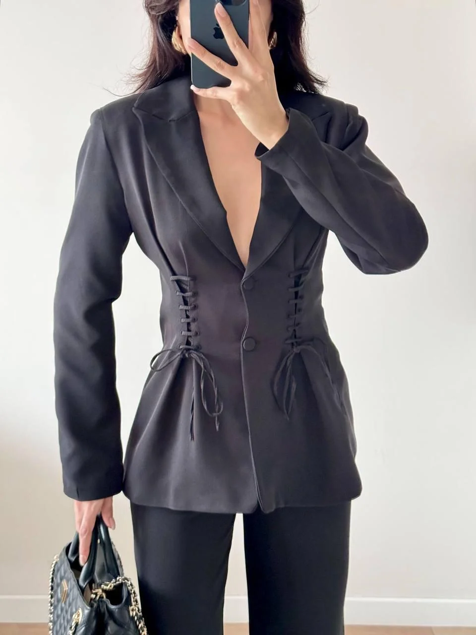 Siyah Bel ve Sırt Korse Görünümlü Pantolon Ceket İkili Takım