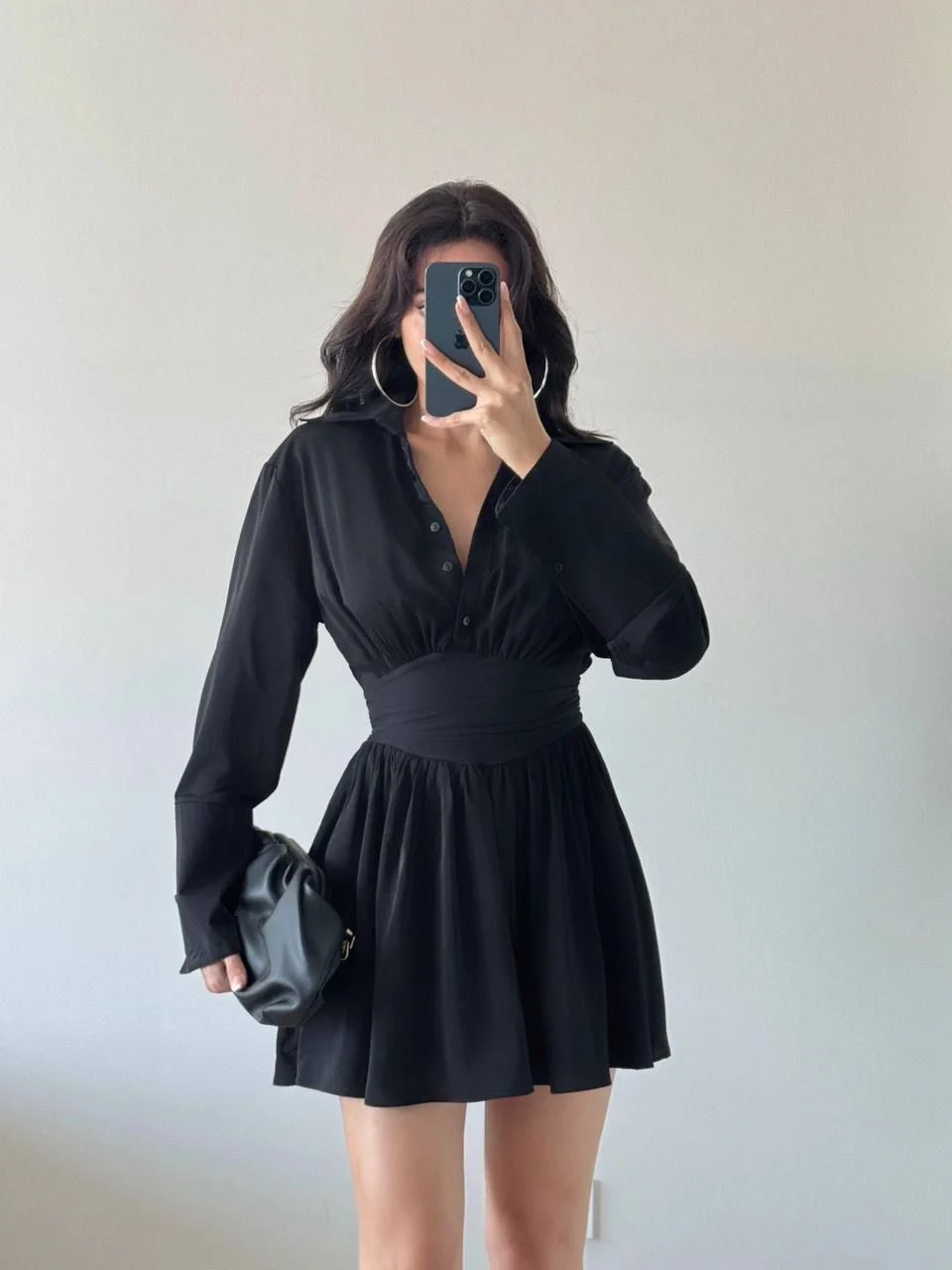 Siyah Beli Korseli Büzgülü V Yaka Mini Gömlek Elbise