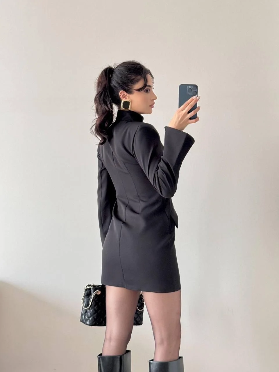 Siyah Kaplama Düğmeli Süs Cepli Mini Elbise