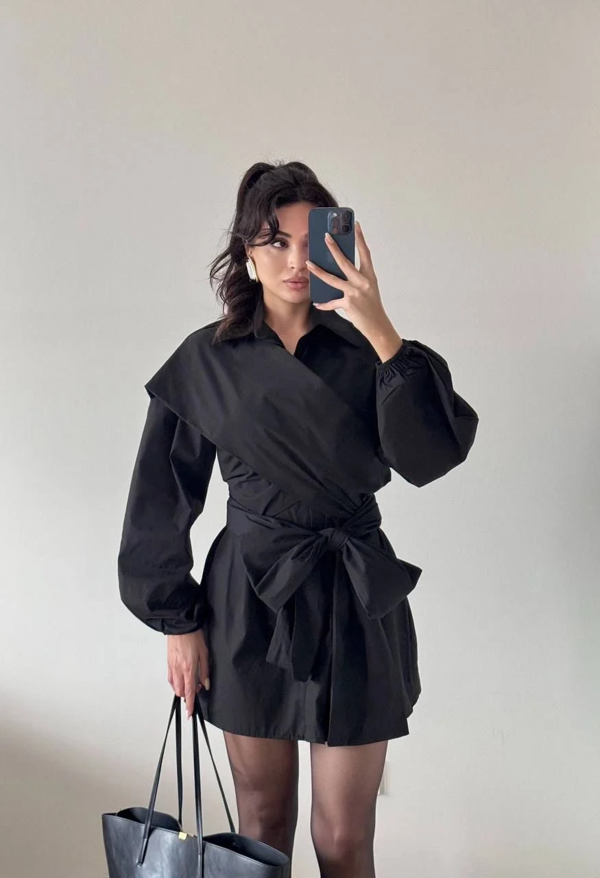 Siyah Omuzdan Çarpraz Fiyonk Bağlamalı Uzun Kollu Mini Elbise