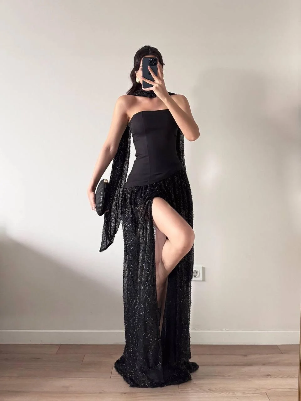Siyah Pul Payet Şallı Maxi Yırtmaçlı Elbise