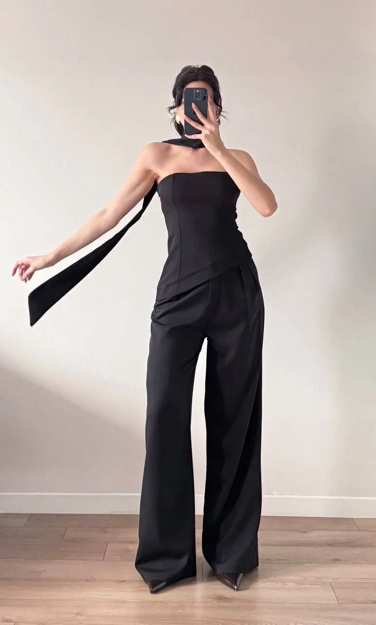 Siyah Şallı Büstiyer Pantolon İkili Takım