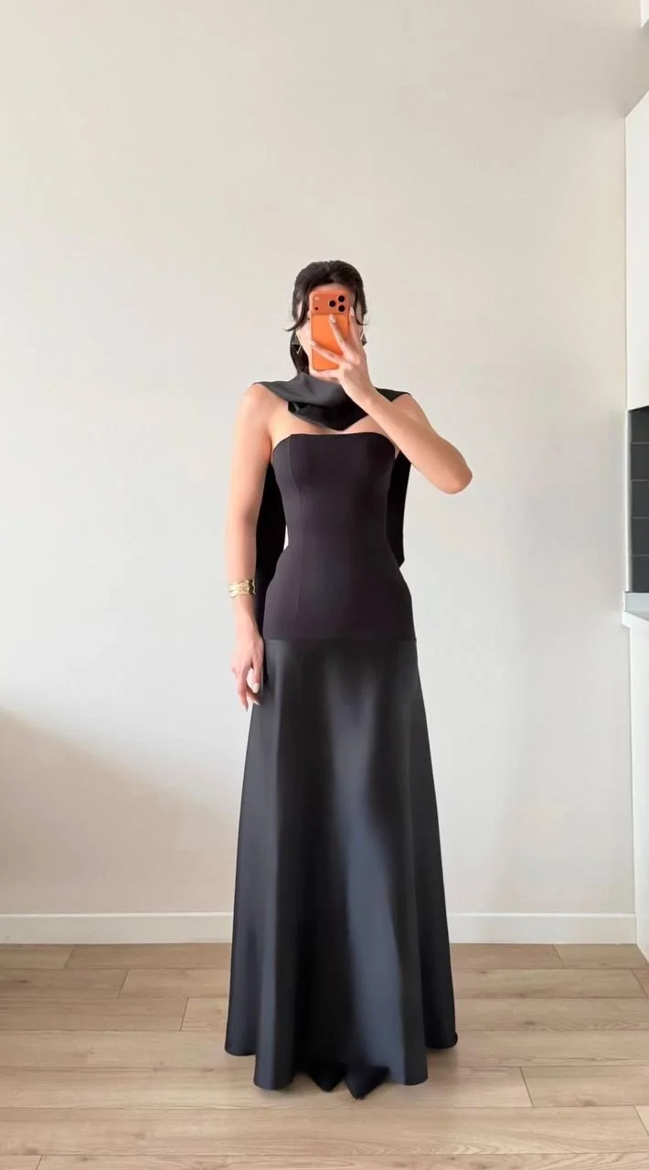 Siyah Saten Straplez Şallı Maxi Elbise
