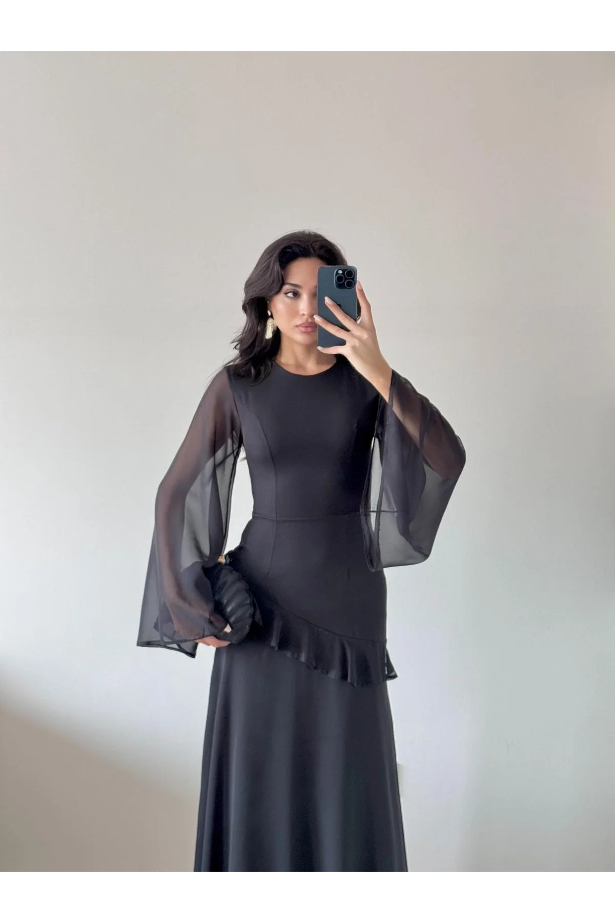 Siyah Şifon Pileli Maxi Elbise