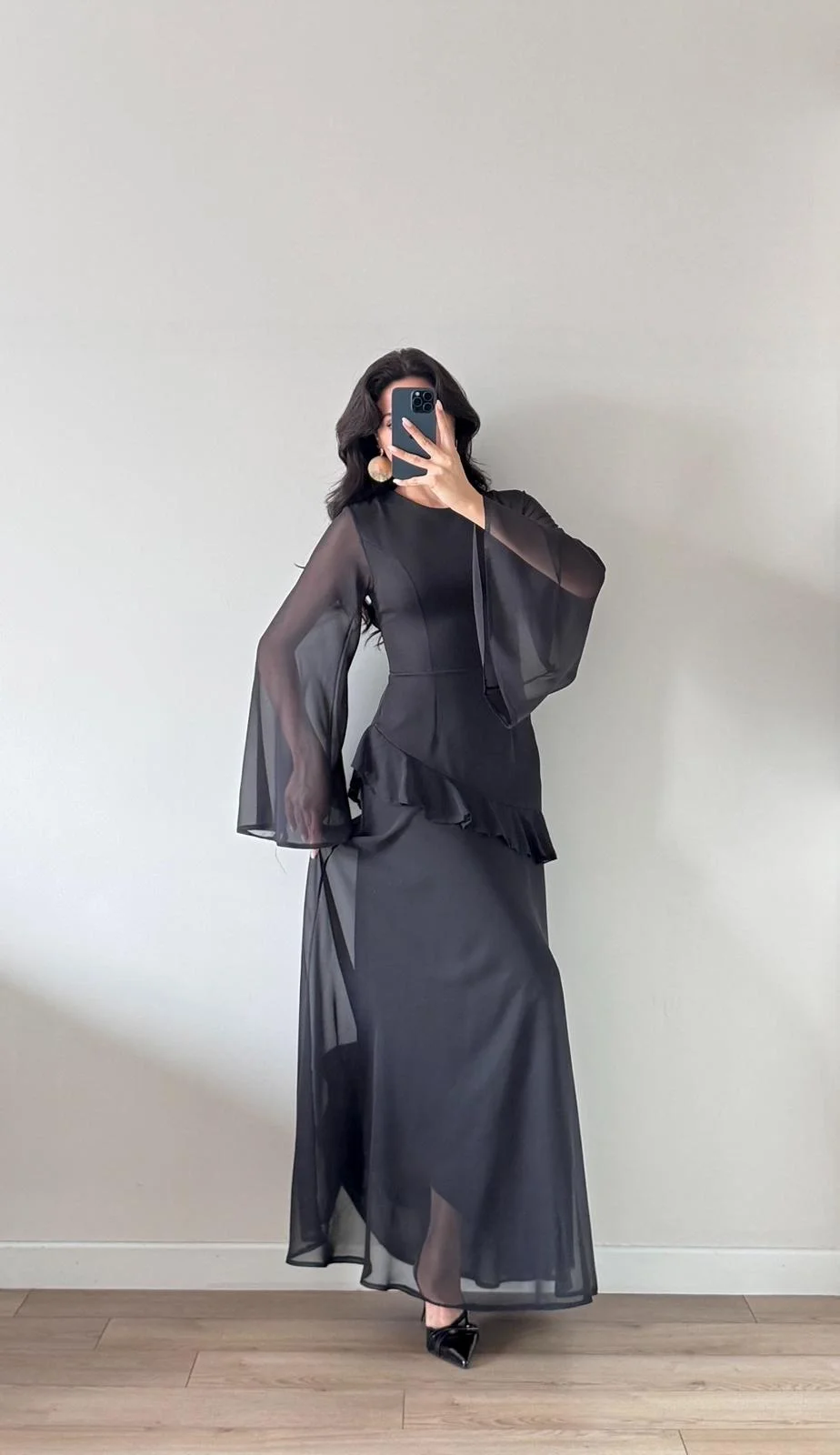 Siyah Şifon Pileli Maxi Elbise