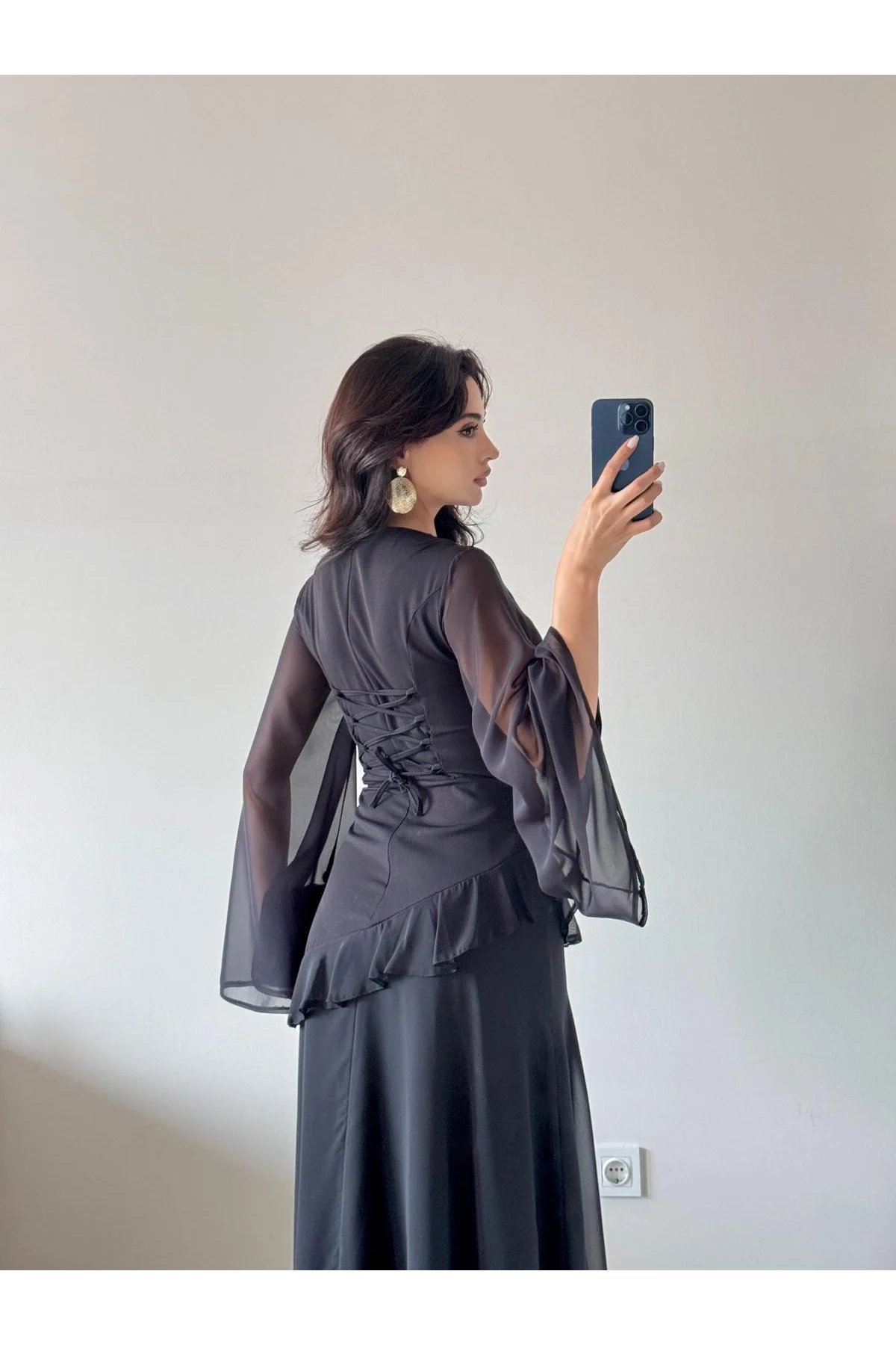 Siyah Şifon Pileli Maxi Elbise