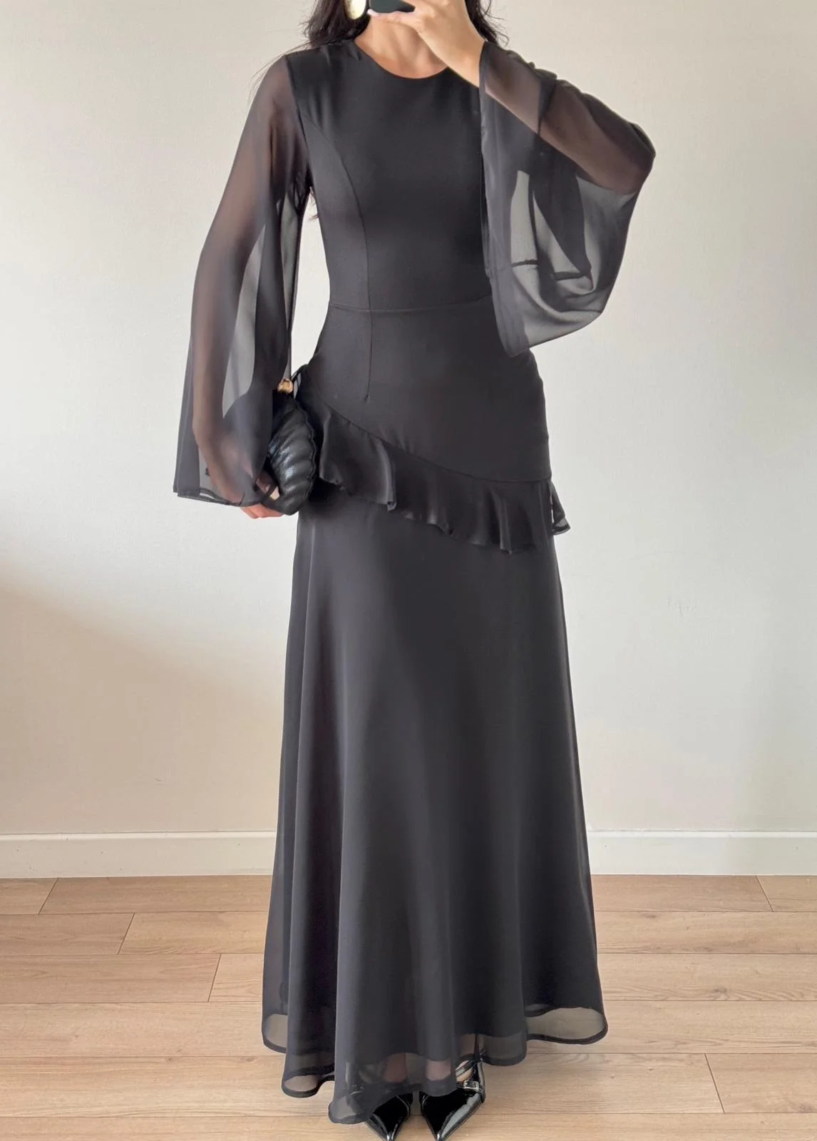 Siyah Şifon Pileli Maxi Elbise