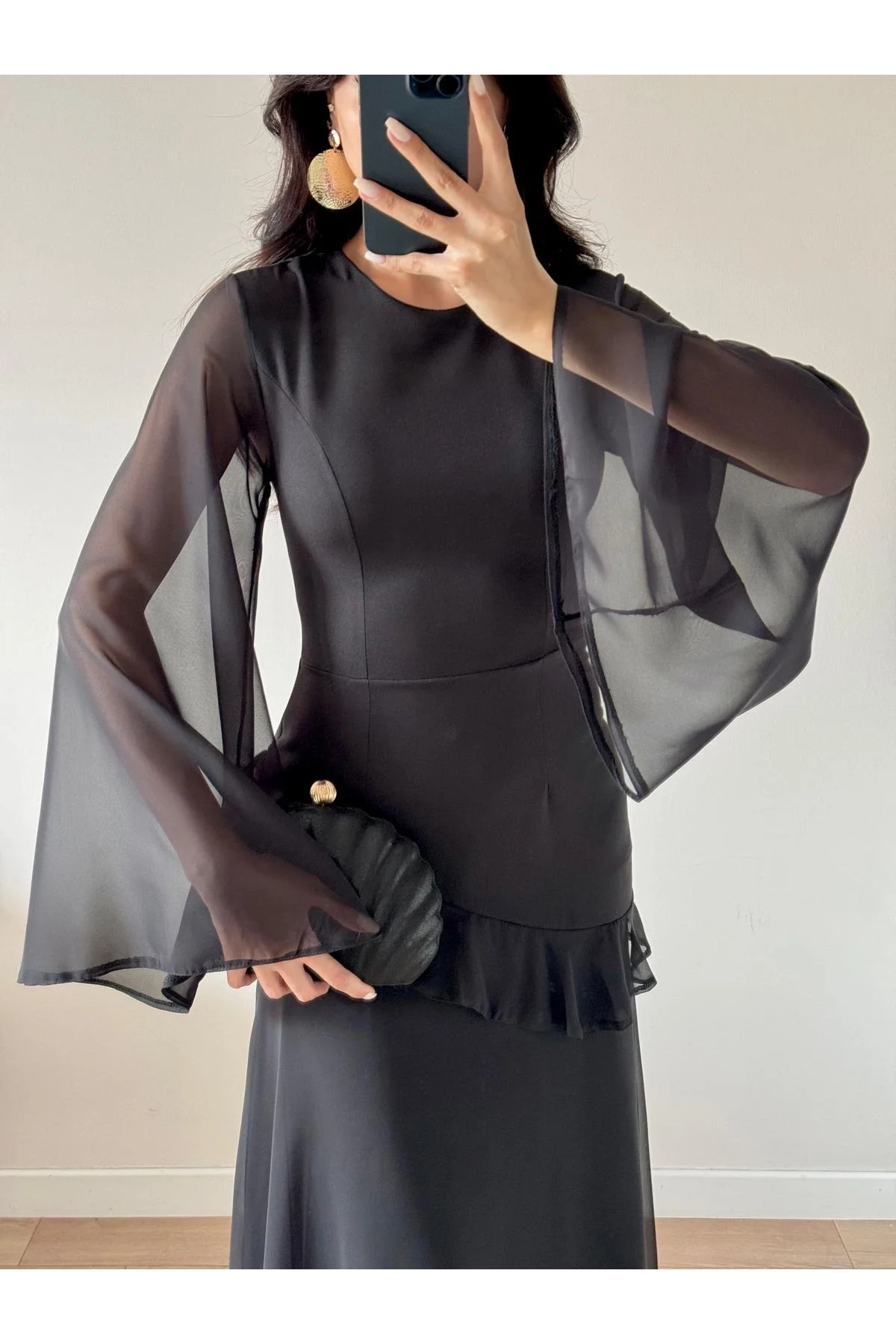 Siyah Şifon Pileli Maxi Elbise