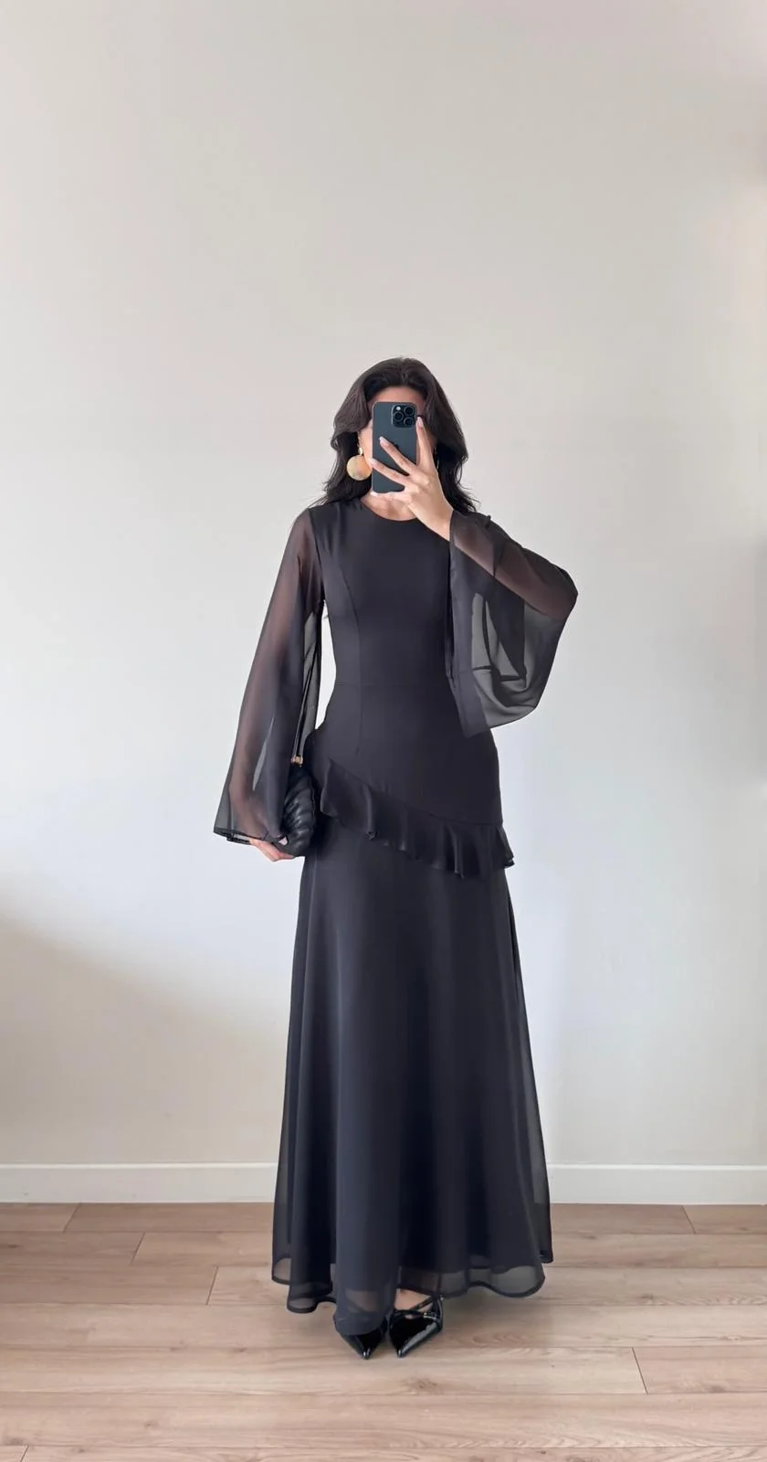 Siyah Şifon Pileli Maxi Elbise