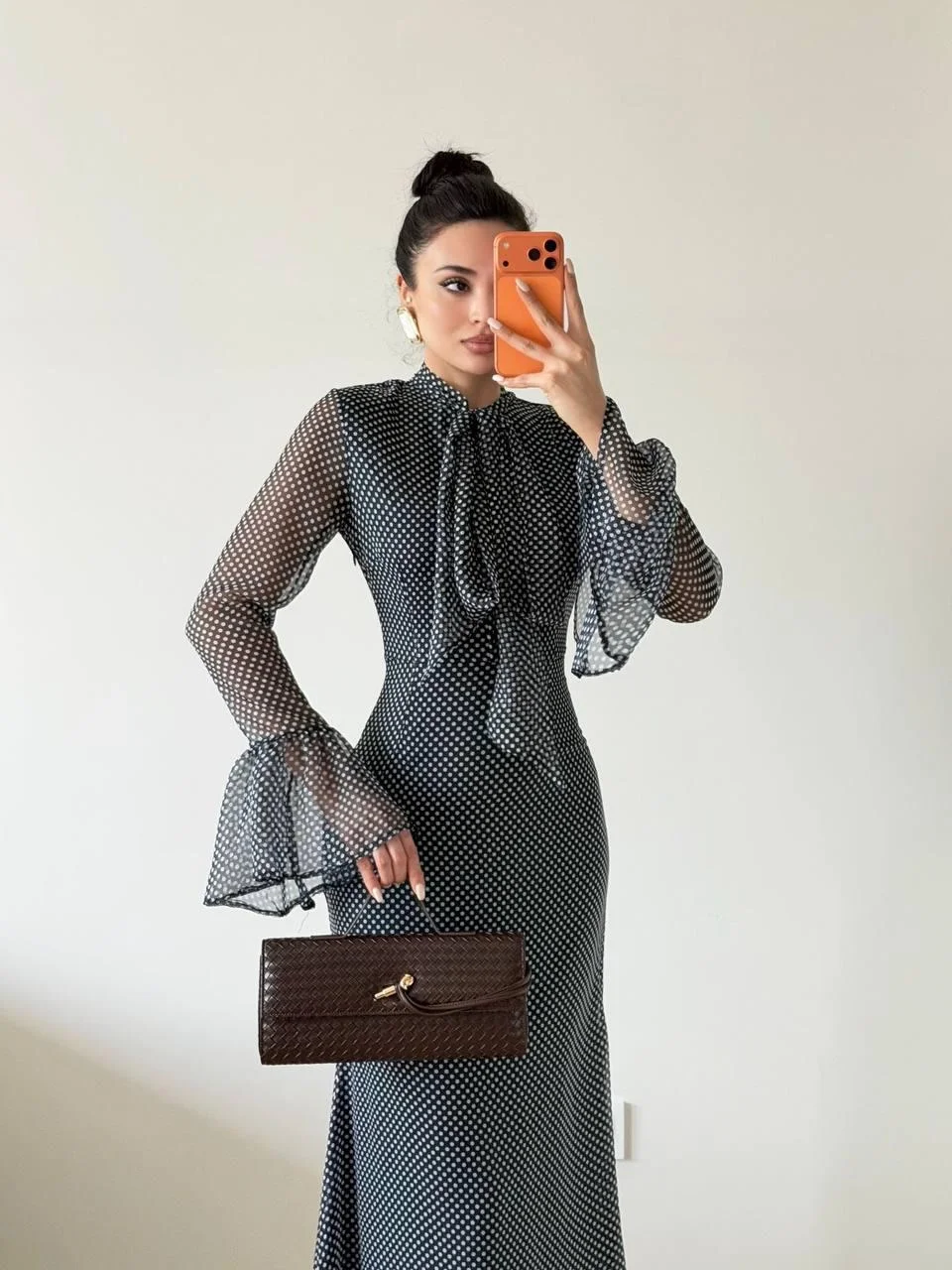 Siyah Şifon Puantiyeli Maxi Şallı Elbise