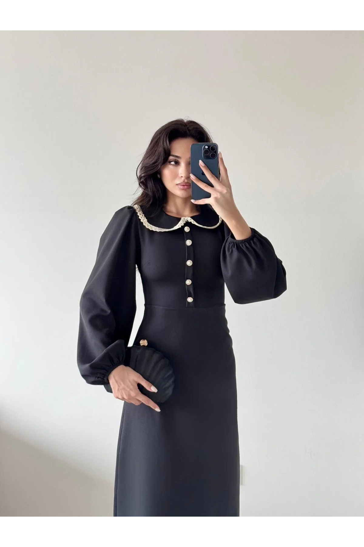 Siyah Uzun Kollu Bebe Yaka Midi Elbise