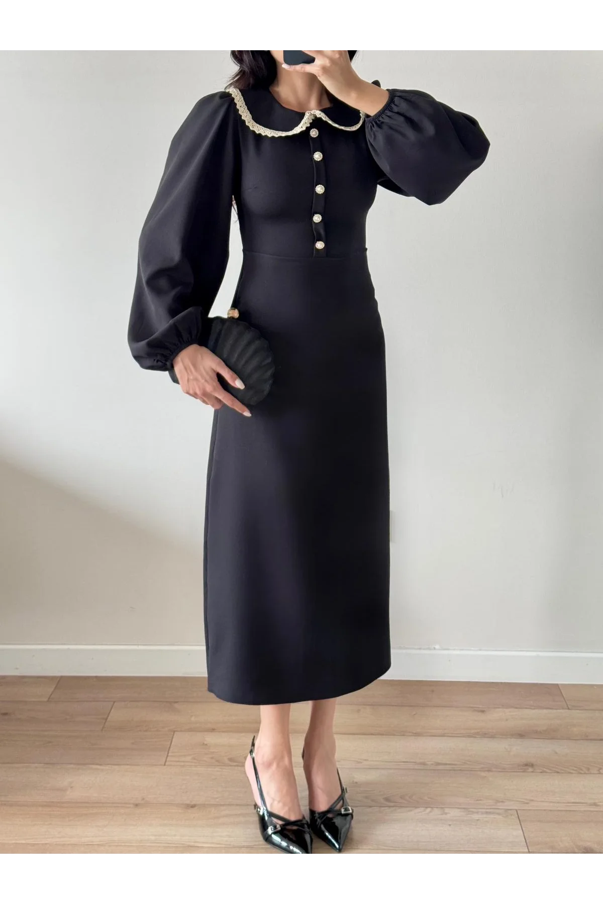 Siyah Uzun Kollu Bebe Yaka Midi Elbise
