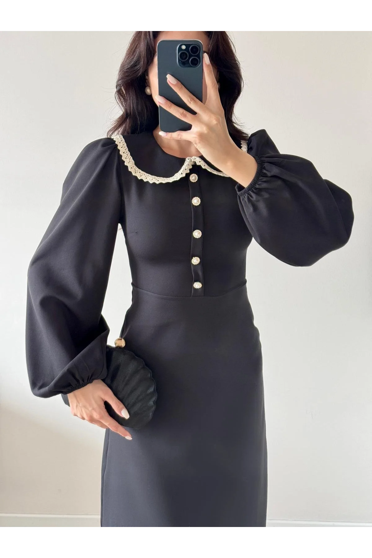 Siyah Uzun Kollu Bebe Yaka Midi Elbise