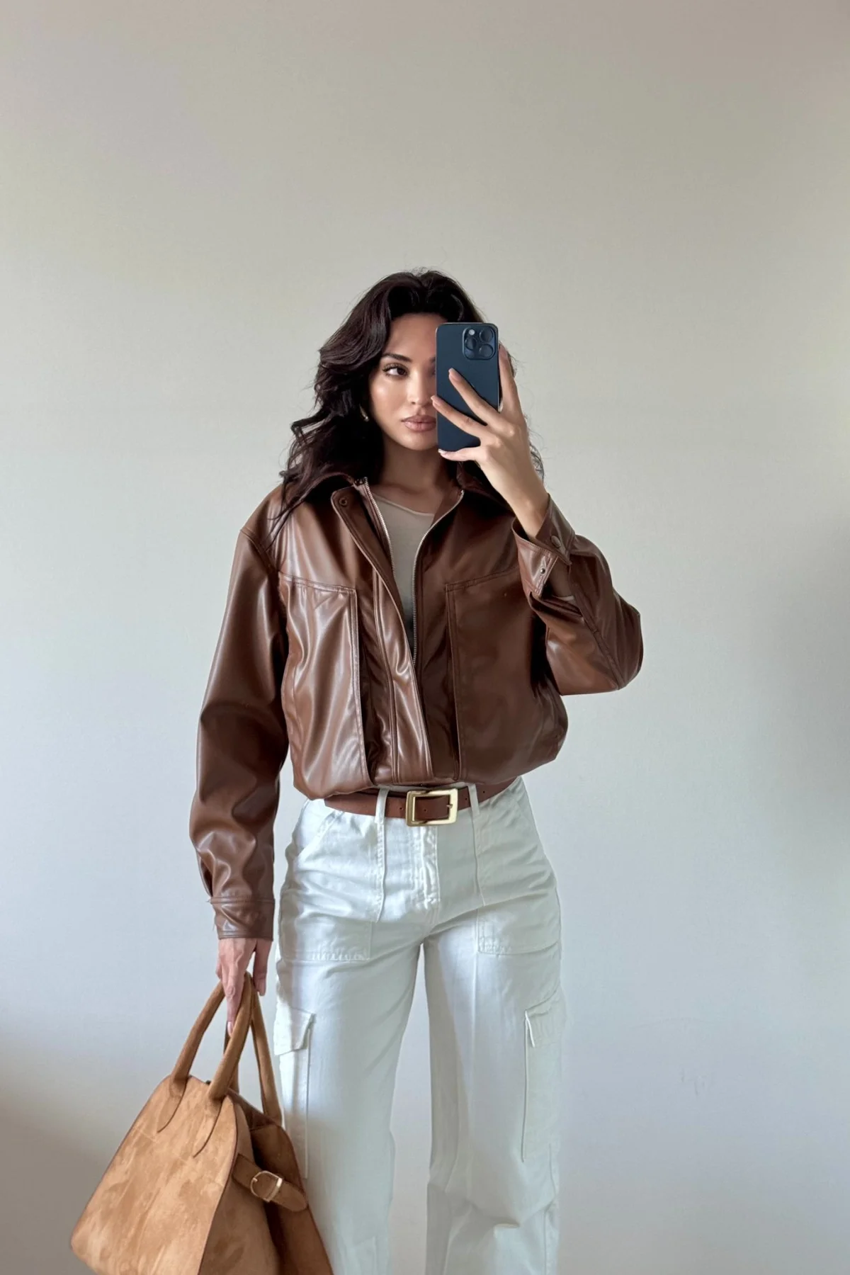 Taba Geniş Cepli Deri Ceket