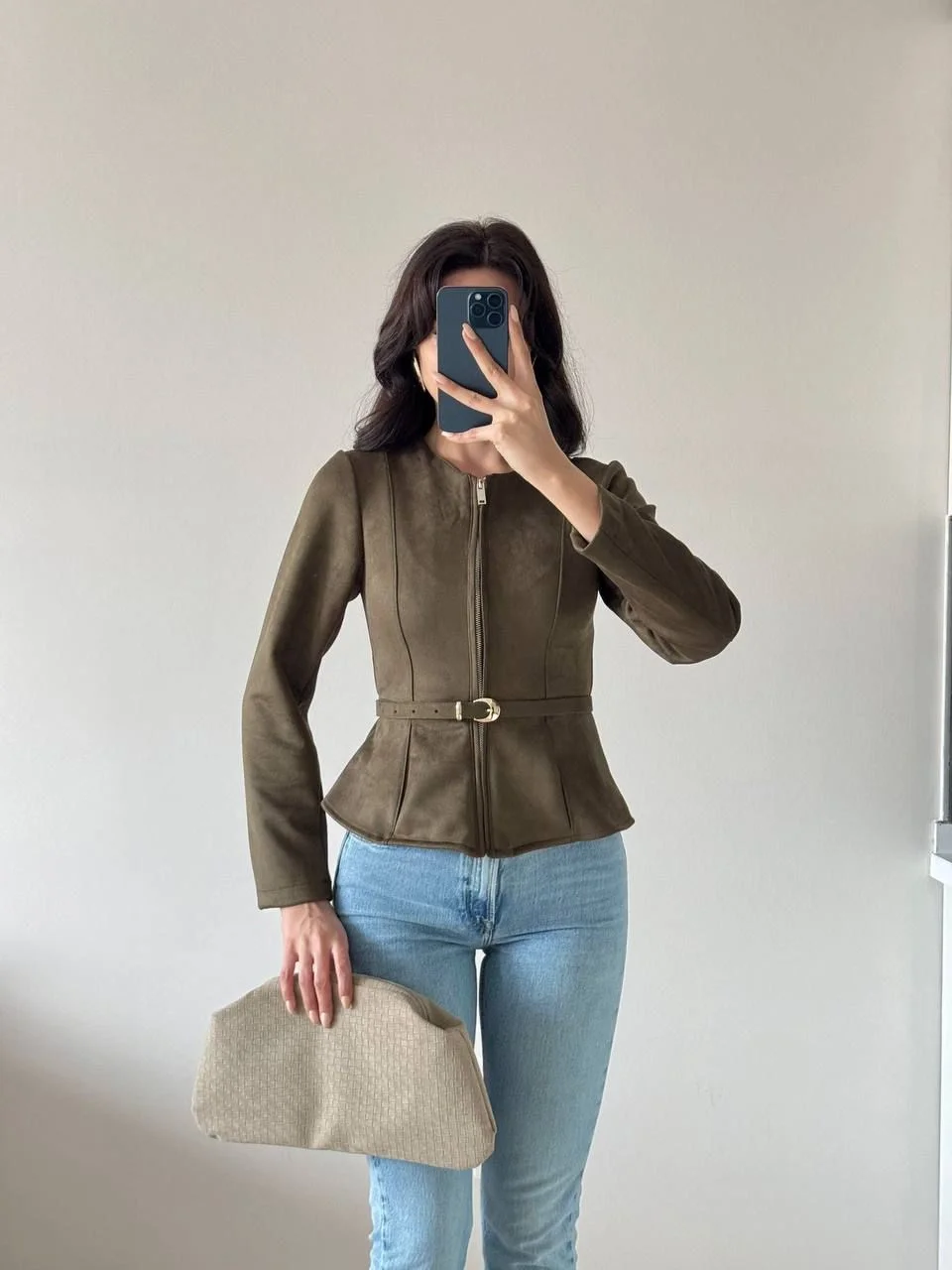 Yeşil Kemerli Süet Ceket