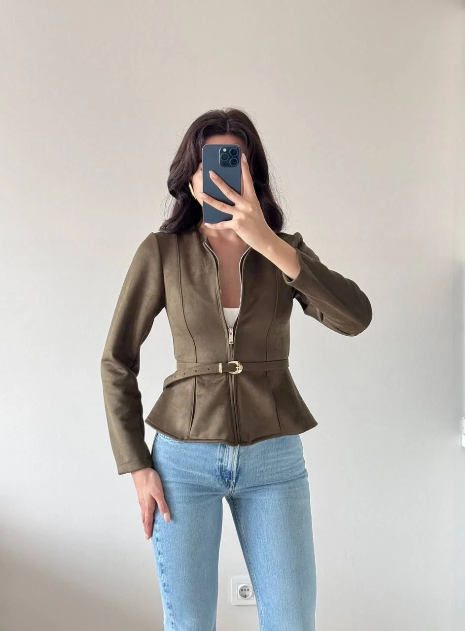 Yeşil Kemerli Süet Ceket