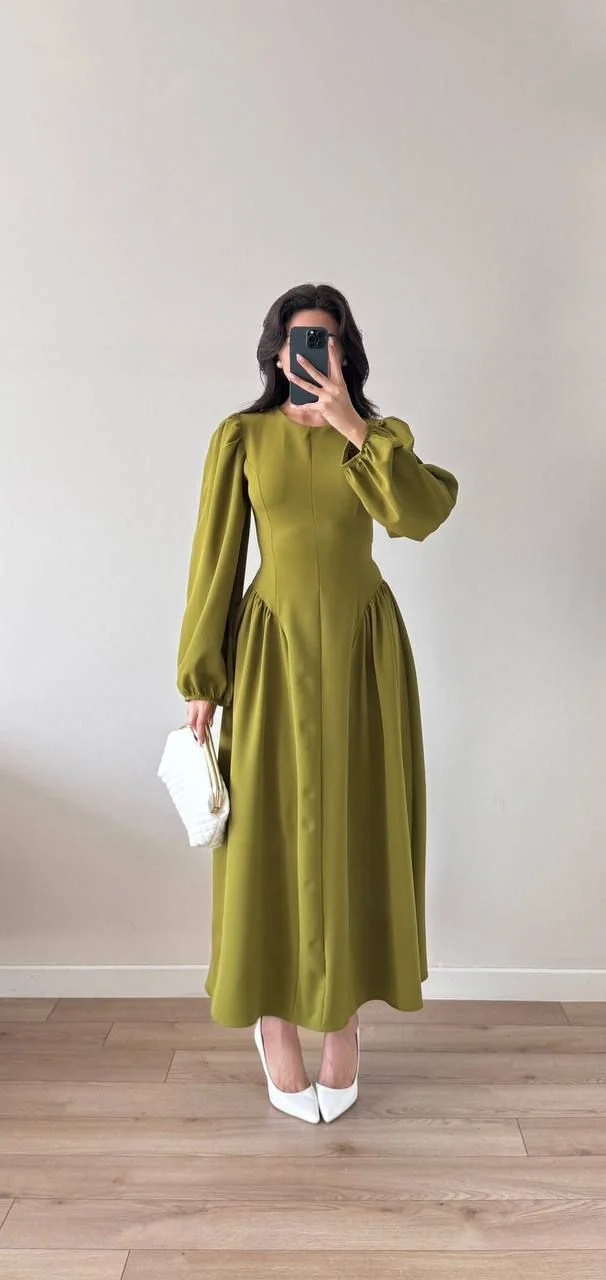 Yeşil Sırt Kuşak Bağlamalı Uzun Kollu Maxi Balon Kol Elbise