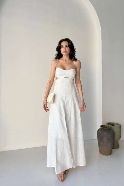 ASKILI BEL DETAYLI BEYAZ MAXİ KETEN ELBİSE