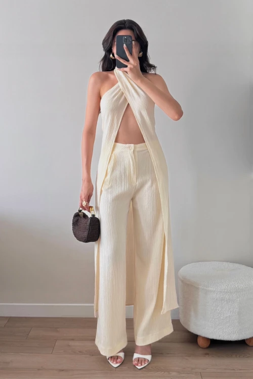 Bej Çarpraz Bağlamalı Pantolon Yelek Takım