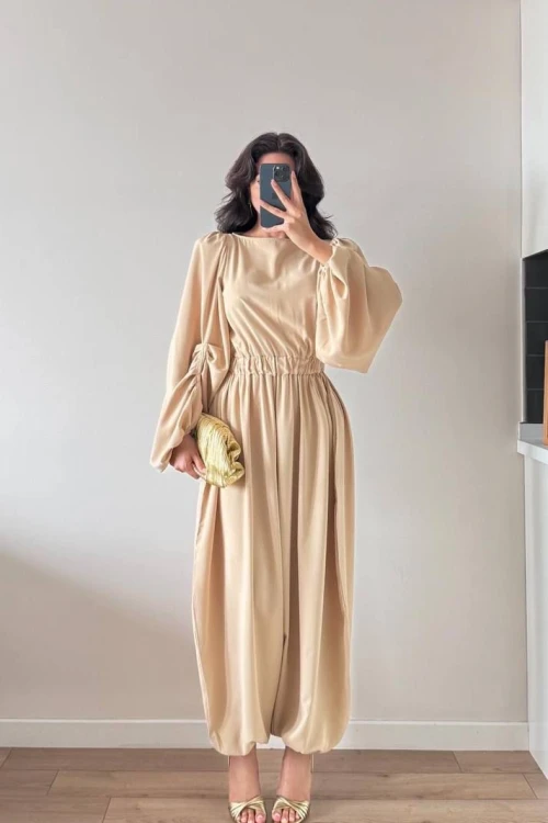 Bej Kolları Pileli Beli Büzgülü Maxi Tulum