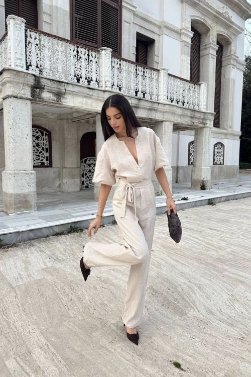 Bej Kuşaklı Cepli Düğmeli Tulum