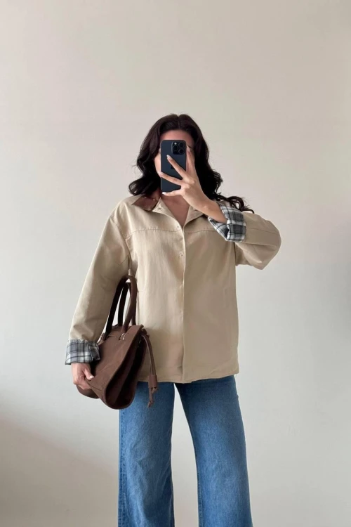 Bej Uzun Kollu Çıt Çıtlı Yakası Derili Ceket