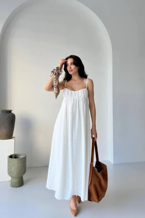 BEYAZ ASKILI LOTUS MAXİ ELBİSE
