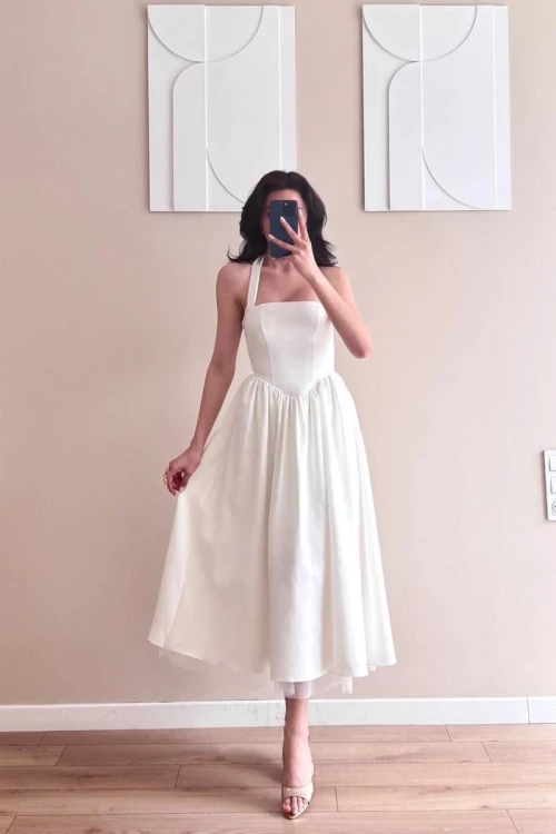 Beyaz Astarı Uzun Tüllü Boyun Bağlamalı Midi Elbise