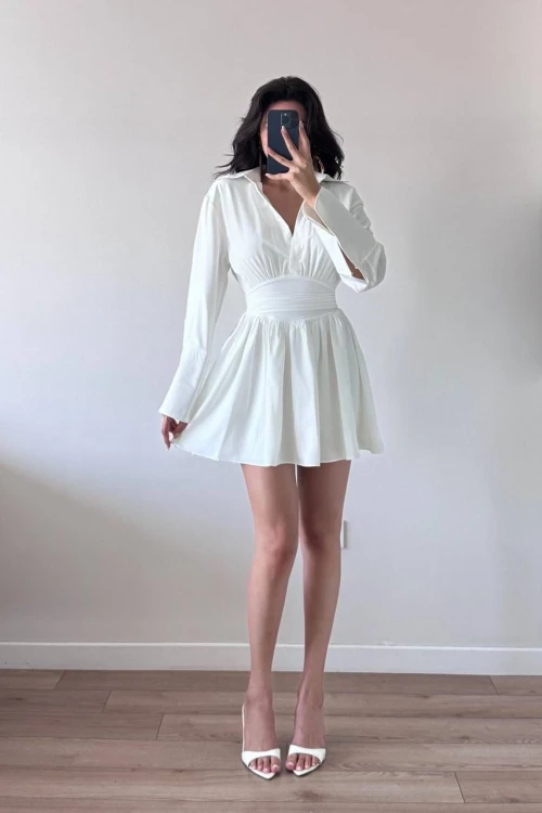 Beyaz Beli Korseli Büzgülü V Yaka Mini Gömlek Elbise